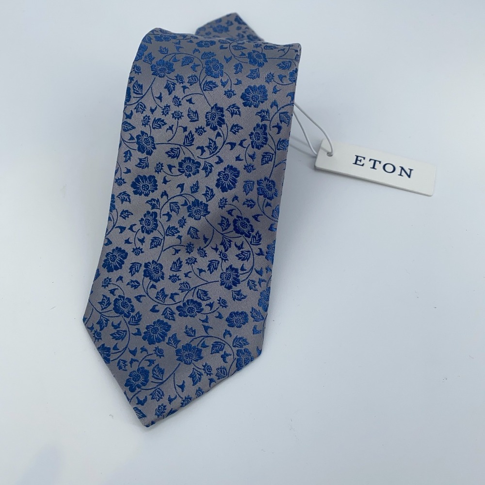 Eton Tie Mens One Size Gray Blue Floral Luxury Classic Necktie England Made NWT